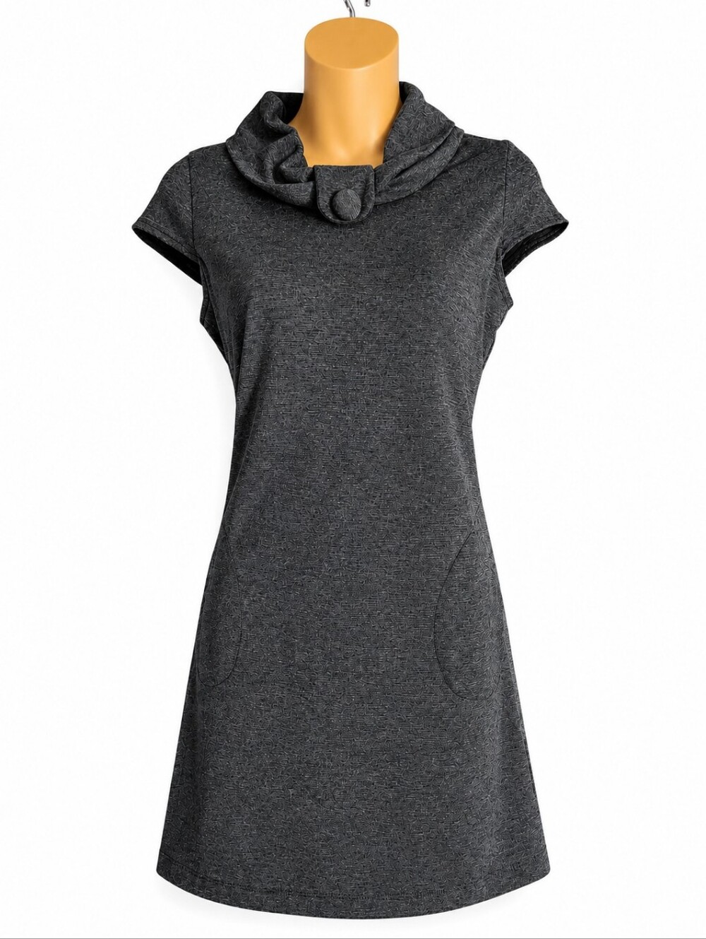 Alyn Paige New York charcoal gray dress featuring a stylish draped cowl neckline